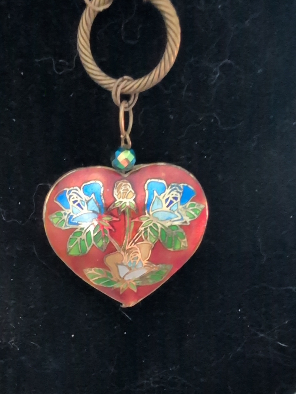 Vintage Heart Cloisonné Pendant Necklace in Red with Floral Motif